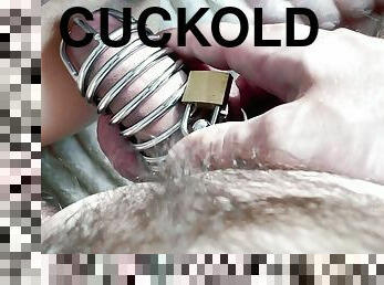 Cuckold tries to fuck in a chastity cage