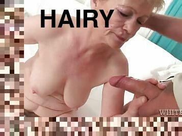 Hairy granny gets fingered then sucks dong