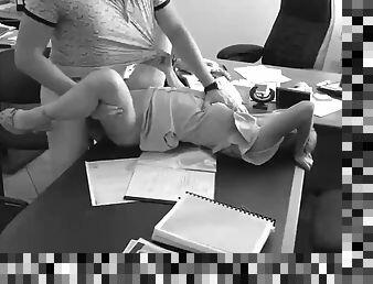 The boss fucks his tiny secretary on the office table and records it with a hidden camera