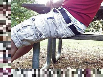 Jacking off at the public park, jerking and cumming on the picnic table in my shorts and boxers.