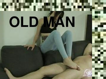 Old man made to cum by young sexy mistress, foot worship, fingers and soles liking and kissing