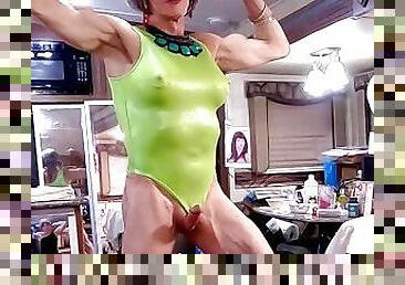 Alexandria Muscle-Slut Masturbates In Green One-Piece in Southbound Rest Area Family Room