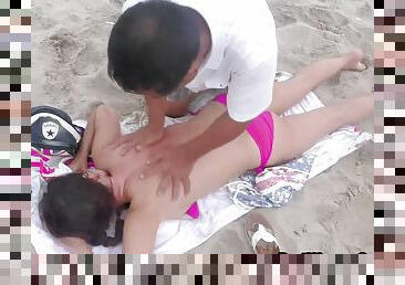 Old Man Japanese Massage To Topless Girl Public Beach