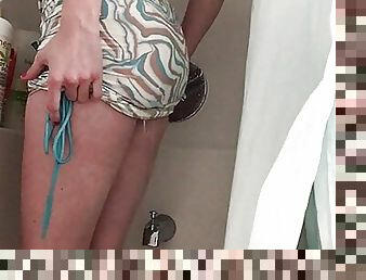 Horny soaked transgirl in party dress