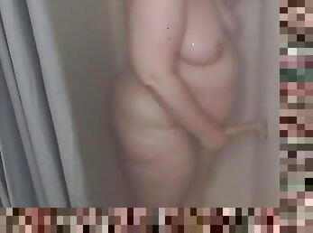 Pregnant MILF Taking Shower with Dildo Stuck Deep into Ass