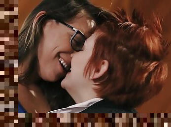 Short-haired redhead and her nerdy friend finally go full-lesbian