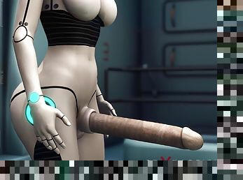 Sexy scifi female android plays with an alien in the surgery room in the space station