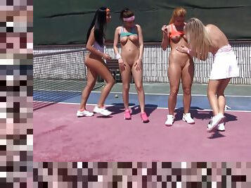 Four fetching lesbian ladies going wild on the tennis court