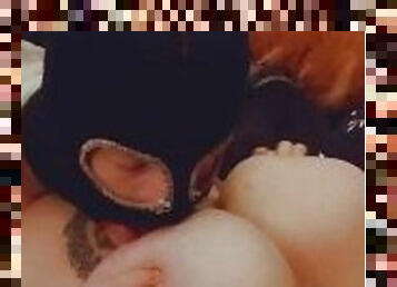 Masked man plays and sucks giant tittys
