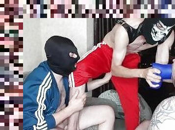 Two young males in Adidas dominate me and my throat hard with their feet and dildo