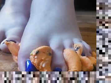 Flattening squishy cupcakes under my soft bare feet (foot crush)