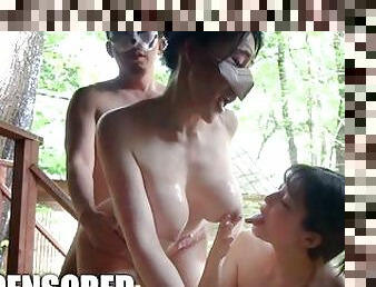 Uncensored Japanese MILF and cute Stepdaughter Hot Spring threesome