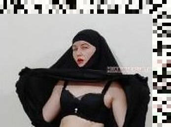 Real Hot Stepmother in black Hijab Niqab and Gloves teases and seduces you hard