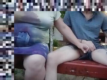 jerking off my cock in the yard on a bench