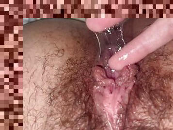 Hairy tight wet pussy after a big cum - playing with my juices