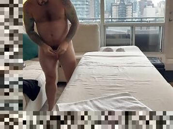 Horny dad gets hard during massage with a new masseur.