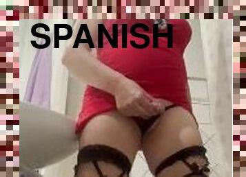 Daniela Monroe TV Spanish shemale masturbates in the bathroom, dress, lingerie, high heels, anal
