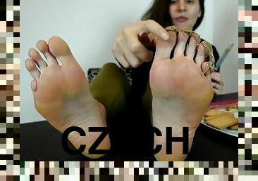 Her sexy long toes dipped in nougat creme (POV foot worship, czech soles, foot POV, long toes soles)
